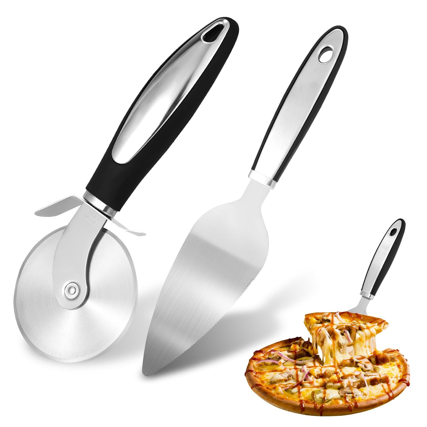 SVNR Classic Pizza Cutter Set Stainless Steel 8.5" Pizza Cutter Wheel and 10.5" Pie Server Set 2PCS Pizza Wheel Cutter & Pie Server for Cutting and Serving Pizza