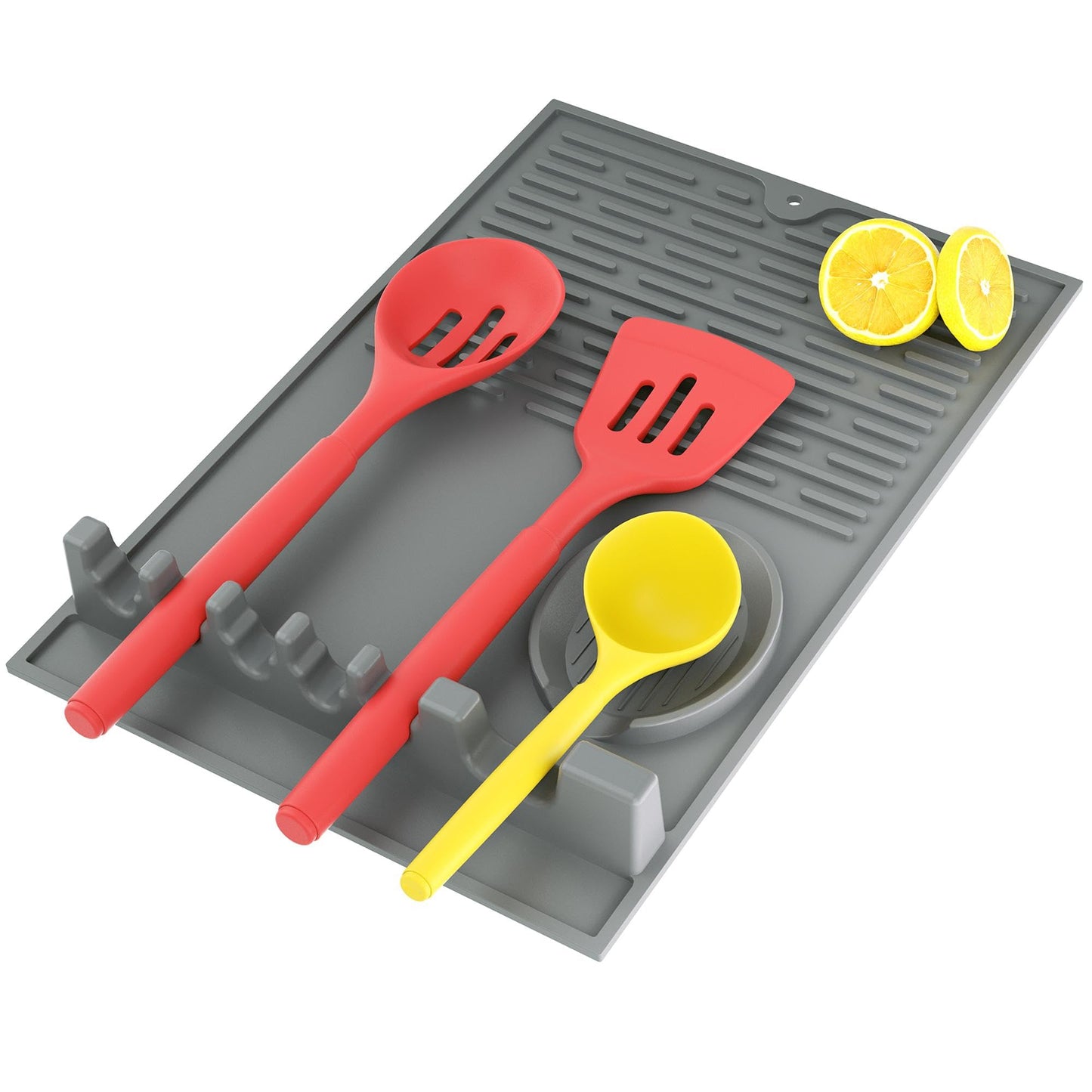 Golener Kitchen Large Silicone Utensil Rest with Drip Pad for Multiple Utensils - Heat Resistant Spoon Holder Utensil Rest for Stove Sides Utensil Resting Mat Kitchen Spatula Holder for Spoon Grey