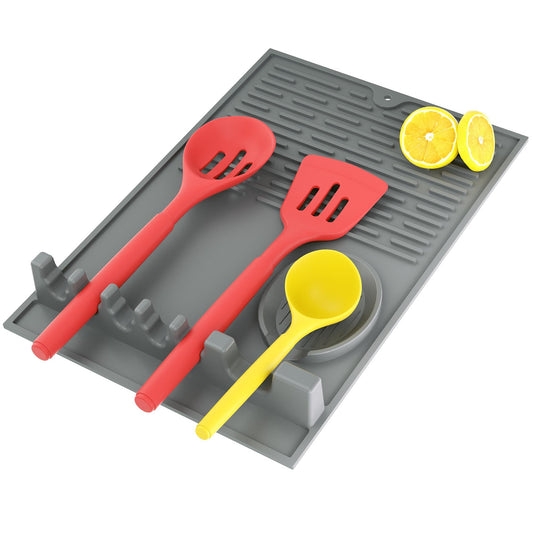 Golener Kitchen Large Silicone Utensil Rest with Drip Pad for Multiple Utensils - Heat Resistant Spoon Holder Utensil Rest for Stove Sides Utensil Resting Mat Kitchen Spatula Holder for Spoon Grey