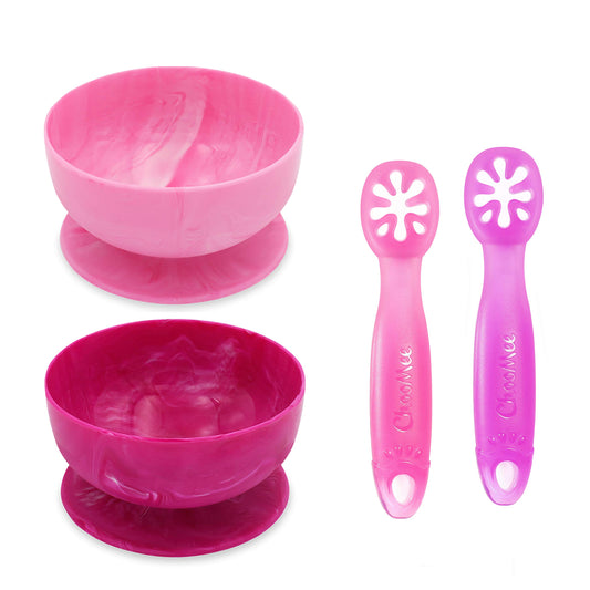 ChooMee Baby Suction Bowls & FlexiDip Learning Utensil Set 4 CT Small Light & Dark Pink