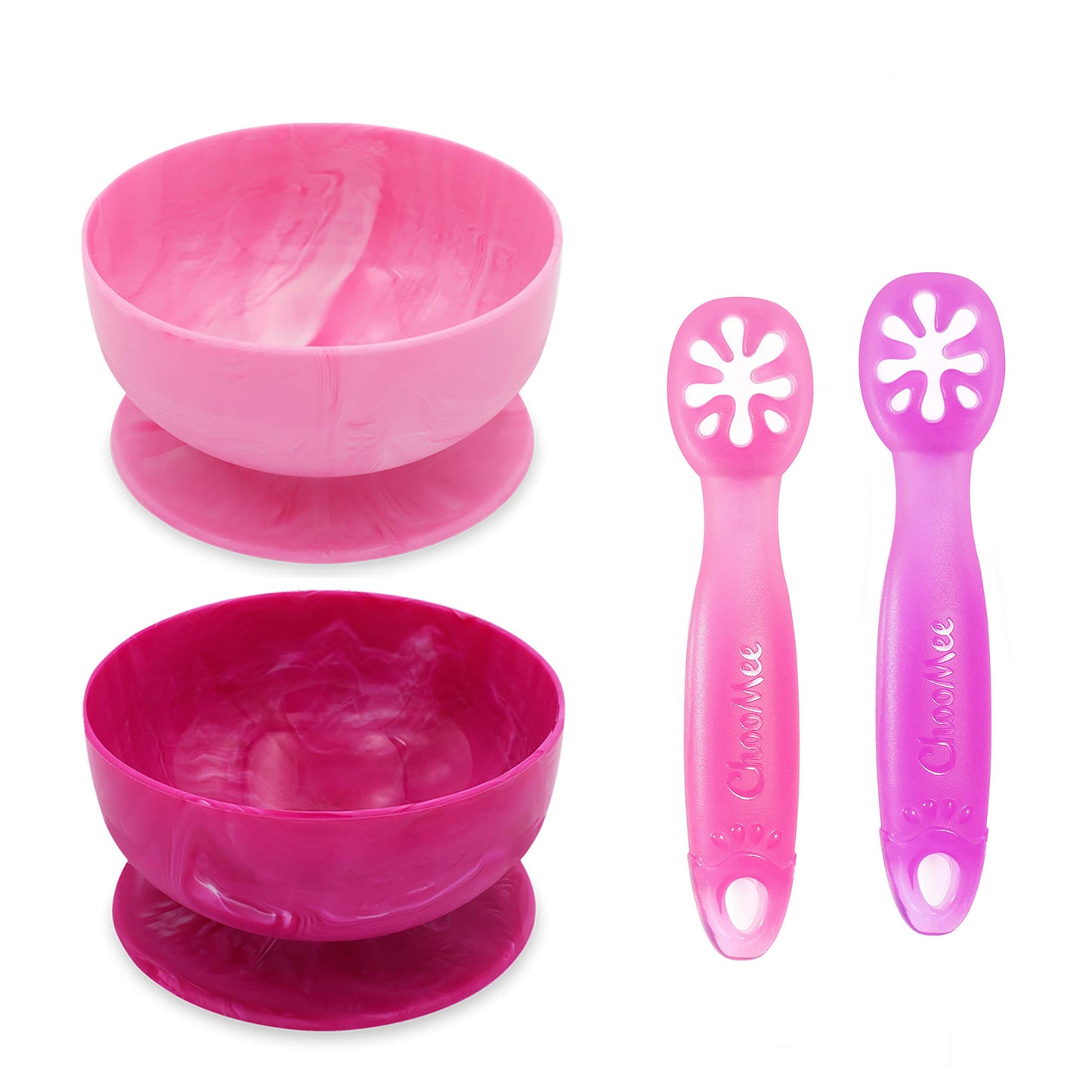 ChooMee Baby Suction Bowls & FlexiDip Learning Utensil Set 4 CT Small Light & Dark Pink